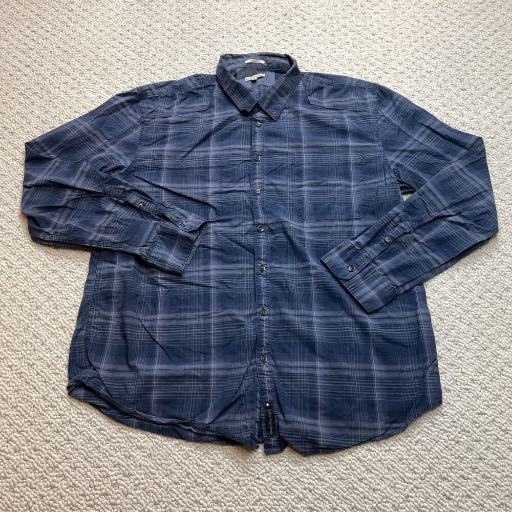 Calvin Klein Jeans Shirt Mens XXL 2XL Blue Plaid Modern Fit Long Sleeve Cotton